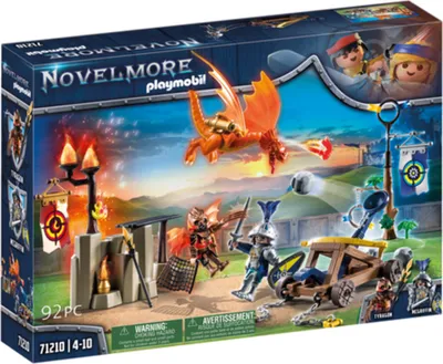 The image shows the packaging of a Playmobil Novelmore playset, depicting a scene with knights, a dragon, and a catapult.