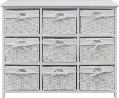 A white wooden dresser with nine woven baskets.