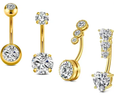 Productafbeelding van Navelpiercing, 14G, chirurgisch staal met CZ-parel, goudkleurig, 12mm, set van 4