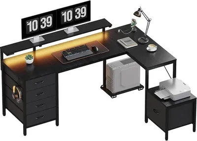 Produktbild von Schreibtisch L Form mit Schubladen, 160 x 120cm Umkehrbarer Gaming-Tisch mit Steckdosen, USB-Anschlüssen, LED Beleuchtung und Monitorständer, Eckschreibtisch für Büro und Gaming Schwarz