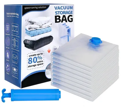 Productafbeelding van Vacuümzakken voor kleding, 8 stuks, jumbo formaat, 100x80 cm. Opbergzakken met handpomp