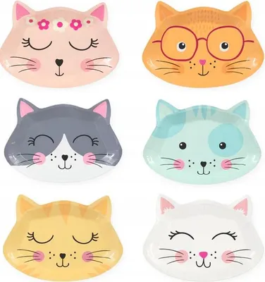 Productafbeelding van Papieren borden CATS, mix van kattenmotieven, verjaardagsfeest, 20,5x15 cm, 6 stuks.