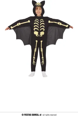 A child wearing a skeleton bat costume.