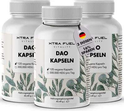 Produktbild von DAO Kapseln - Vegane Diaminoxidase aus Erbsensprossen - 300.000 HDU – 3x Dosen (360x DAO Kapseln)