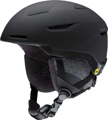 A black ski helmet shown from a side-angle.