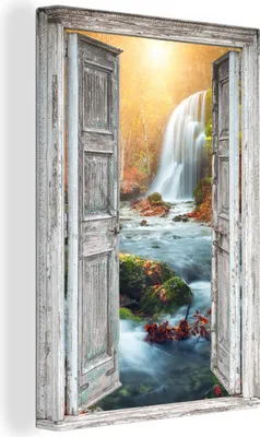 Produktbild von OneMillionCanvasses® - Leinwandbilder - 90x140 cm, Wasserfall - Aussicht - Landschaft, - Geöffnetes Fenster - Fensterblick Schlafzimmer Kunstdruck Wanddekoration - Foto auf Leinwand - Gemälde auf Holzrahmen  - Wandschmucke - Schlafzimmer