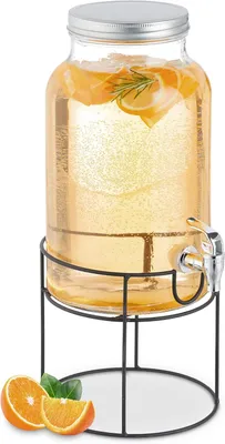 Immagine prodotto di Distributore per bevande con supporto - Rubinetto e coperchio - 6 litri - Vetro - Dispenser per bevande gassate - Brocca con beccuccio - Trasparente