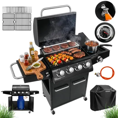 Zdjęcie produktu dla Grill gazowy ogrodowy 14,5kW BERGMANN NL003 5 palników żeliwny ruszt stolik boczny kosz na butlę + pokrowiec