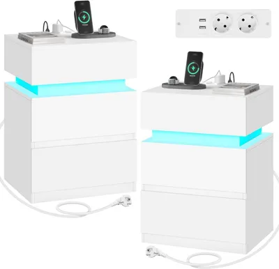 Produktbild von WOLTU Nachttisch, 2er Set, Weiß, Modern, mit Ladefunktion (2 Steckdosen & 2 USB), LED-Beleuchtung (25 Farben, Musik-Sync), E1 Holzwerkstoff