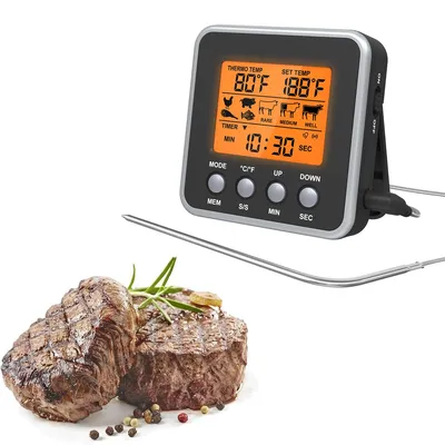 Produktbild von Küchenthermometer, Elektronisches Bratenthermometer, Temperaturfühler,0–300 °C, Timer 99 Min, Magnet & Ständer
