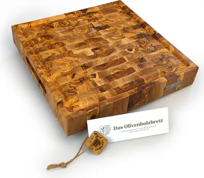 Produktbild von Massives Olivenholz Mosaik Schneidebrett mit Saftrille rechteckig 30cm x 30cm x 4,5cm