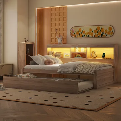 Obrázek produktu pro Flieks rozkládací pohovka denní 90x200cm s výsuvným lůžkem, denní lůžko pro mládež s funkcí LED a nabíjení, funkční rozkládací pohovka, hnědá barva