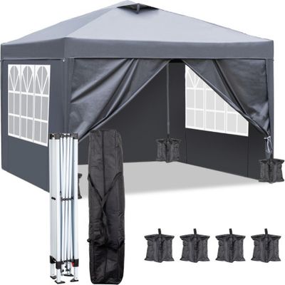 FCH 3x3M Pavillon Wasserdicht Pop up Faltpavillon Pavillon mit 4 Seitenteilen Faltbar Zelt Gartenpavillon, 4 Sandsack, Grau