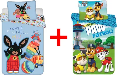 Produktbild von Kinderbettwäsche Bing Bunny und Paw Patrol 100 x 135 Bettdecke + 40 x 60 cm Kopfkissen, 100% Baumwolle für Babys, Kinder, 2er Geschenk-Set