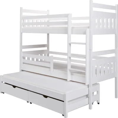 Produktbild von KEF Susi Etagenbett Kinder Etagenbett 3 Personen Holz Kinderbett mit Schubladen mit Matratze Weiß 80x180 cm