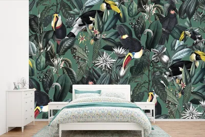 Produktbild von MuchoWow® Fototapete für Wohnzimmer oder Schlafzimmer Wandtapete Vinyl Motivtapete Blumen - Vogel - Blätter - 450x300 cm - Gemusterte