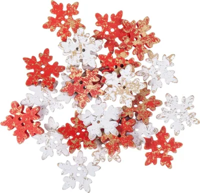 Produktbild von Holzknöpfe mit Schneeflocken, Rot/Weiß, 24 Stück.