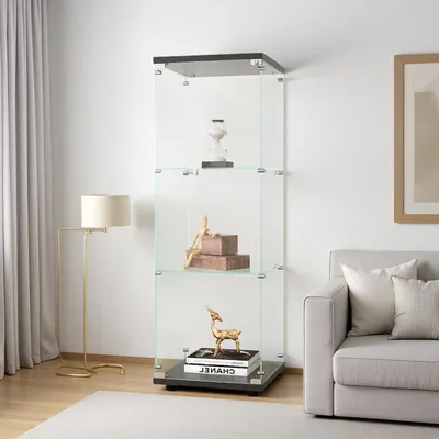 Image de Vitrine en verre avec éclairage LED, 3 étagères, 1 porte, dimensions 42x36x125 cm, couleur noire