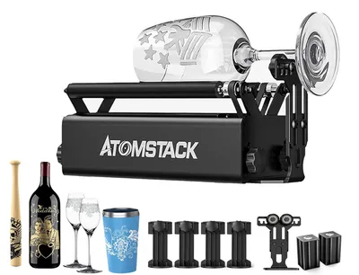 A product shot of a laser engraver accessory with various items it can engrave.