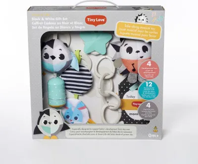 Zdjęcie produktu dla Zestaw upominkowy Tiny Love Magical Tales Black & White, zestaw upominkowy dla niemowląt z zabawkami rozwojowymi, 4 wybrane zabawki do podróży, 0m+