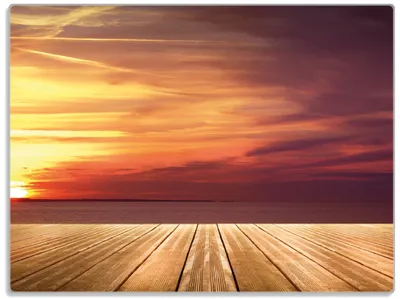 Produktbild von Wallario Glasunterlage, Schneidebrett aus Glas, Größe 30 x 40 cm, Motiv Steg am See - Sonnenuntergang und roter Himmel
