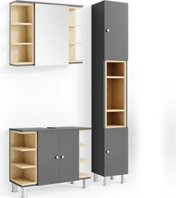 A set of bathroom furniture pieces displayed against a white background.