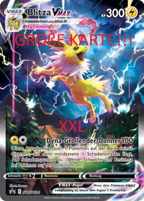 A Pokemon card featuring Blitza VMAX with lightning effects and a forest background. Text overlays indicate it's a large card.