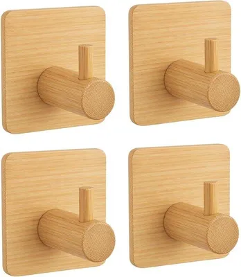 Productafbeelding van Zelfklevende wandhaken set 4 stuks - bamboe - zonder boren - ideaal voor keuken en badkamer