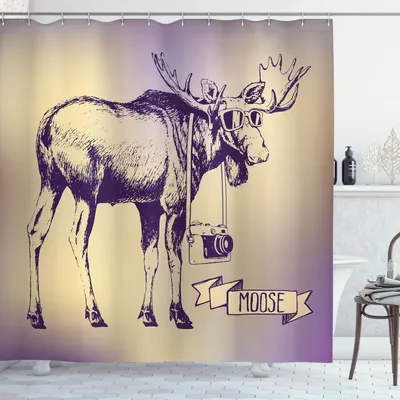 Produktbild von ABAKUHAUS Elch Duschvorhang, Hipster Deer mit Sonnenbrille und Kamera Vintage Ombre Hintergrund, 175 x 180 cm, Beige Lila