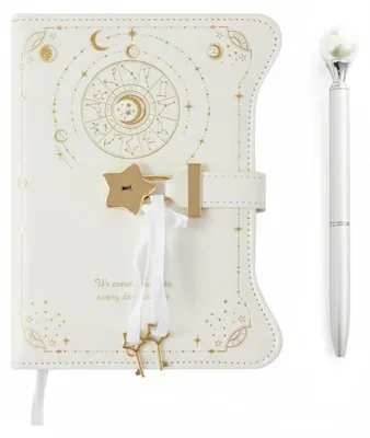 Image de Journal avec serrure et clé, format B6, en cuir PU, couleur blanche, comprenant un stylo
