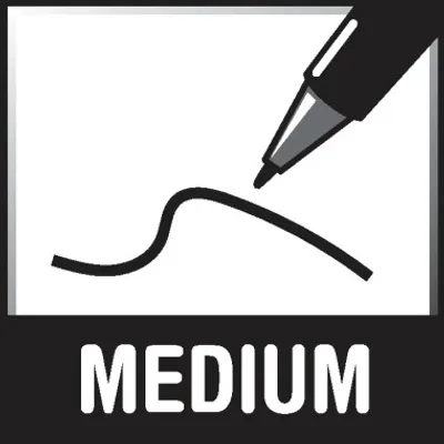 A pen drawing a line on a white surface, with the word 'MEDIUM' below.