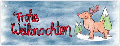 Produktbild von Frohe Weihnachten Metallschild mit Rentier und blauem Hintergrund