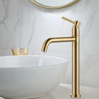 Image de Robinet de salle de bain, finition or, en laiton, hauteur : 32,8 cm