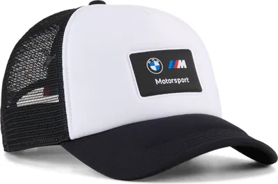 Produktbild von BMW M Motorsport Trucker Cap Puma 2026, Offizieller Fanartikel, Weiße Cap mit BMW M Motorsport Logo und PUMA CAT Logo, Verstellbar, 100% Polyurethan