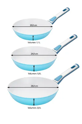 Produktbild von Genius Cerafit Revolution Pfannen Set 7-tlg. 20+24+28 CM, 2 Glasdeckel, Viles Einleger, Keramik antihaftbeschichtet, abnehmbarer Griff, blau