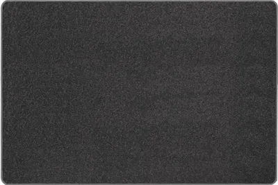 A close-up, top-down view of a dark gray rug with a textured surface.