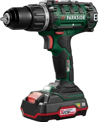A cordless drill with a battery pack attached, shown against a white background.