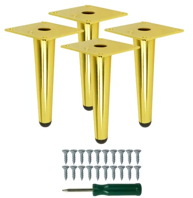 Four gold-colored furniture legs and a set of screws and a screwdriver are displayed against a white background.