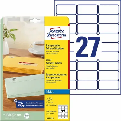 Image de Avery Zweckform J4721-25 Étiquettes d'adresses, 63,5 x 29,6 mm, 25 feuilles/675 étiquettes, transparent