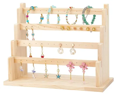 Image de Support à bijoux 4 niveaux - Rangement à bijoux - Porte-boucles d'oreilles - Organisateur pour boucles d'oreilles - Présentoir à bijoux - Bois, dimensions : 32 x 15 x 25 cm