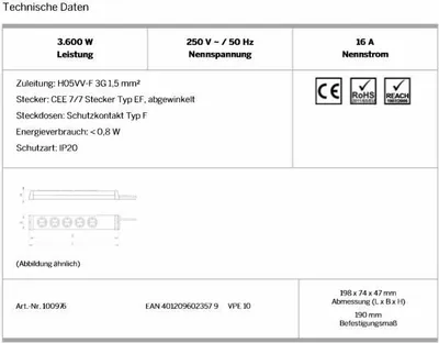 A technical data sheet for an electrical product, featuring specifications, diagrams, and certifications.