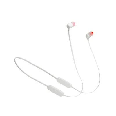 A pair of white wireless in-ear headphones with pink accents, laid out on a white background.