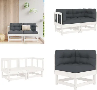 Produktbild von vidaXL Ecksofas mit Kissen 2 Stk. Weiß Massivholz Kiefer - Ecksofa - Ecksofas - Gartensofa - Outdoor Sofa