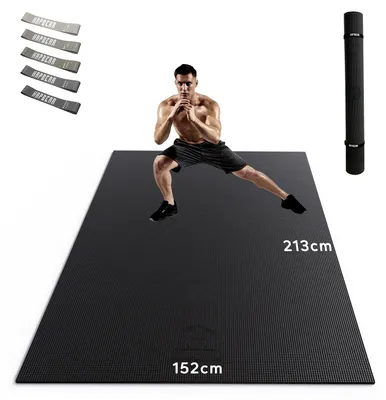 Produktbild von HAPBEAR Yogamatte XXL- Extra Groß Breit Sportmatte Fitnessmatte Rutschfest 213x152/183x122x0.8cm Dicke,Hoher Dichte Ultra Haltbar PVC, Gymnastikmatte mit Fitnessbänder,Schuhfreundlich-Schwarz
