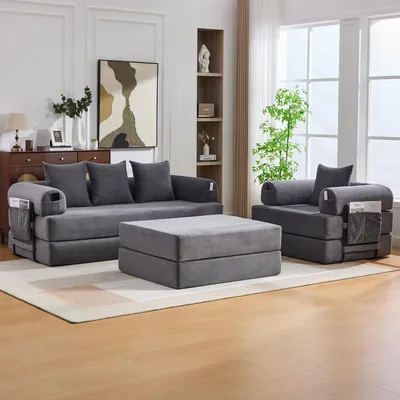 Produktbild von okwish Sofagarnitur Modulares Sofa Dreisitzersofa mit Hocker und Seitentasche Schlafsofa Zweisitzer bequemen Kissen Loungesofa mit stabilem Metallrahmen frei kombinierbar Dunkelgrau