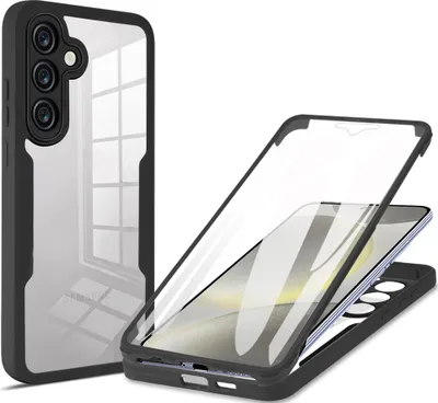 A clear product shot of a phone case with a built-in screen protector, shown from two angles.