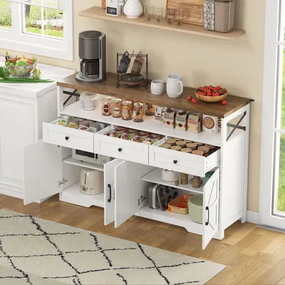 Produktbild von STILVORA Buffetschrank 140 cm mit Stauraum und Türen, Kaffeebar mit 3 Schubladen, Anrichte mit Einlegeböden für Küche, Wohnzimmer und Diele
