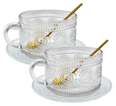 2er-Set Glaskaffeetassen mit Henkel, Untersetzern & Löffeln, 400 ml