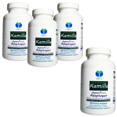 Produktbild von Kamille Kamillenblüten 720 (4x180) Kapseln MAGEN - DARM - VERDAUUNG - ENTSPANNUNG - Natürliches Adaptogen - 100% NATUR PUR! OHNE ZUSATZSTOFFE!