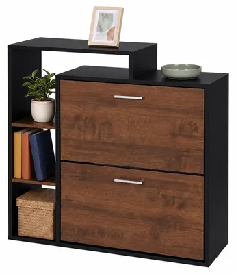 Produktbild von Relaxdays Schuhschrank, HBT: 90 x 80 x 23,5 cm, 2 Klappen, 12 Paar, offene Ablagen, schmaler Schuhkipper, braun/schwarz